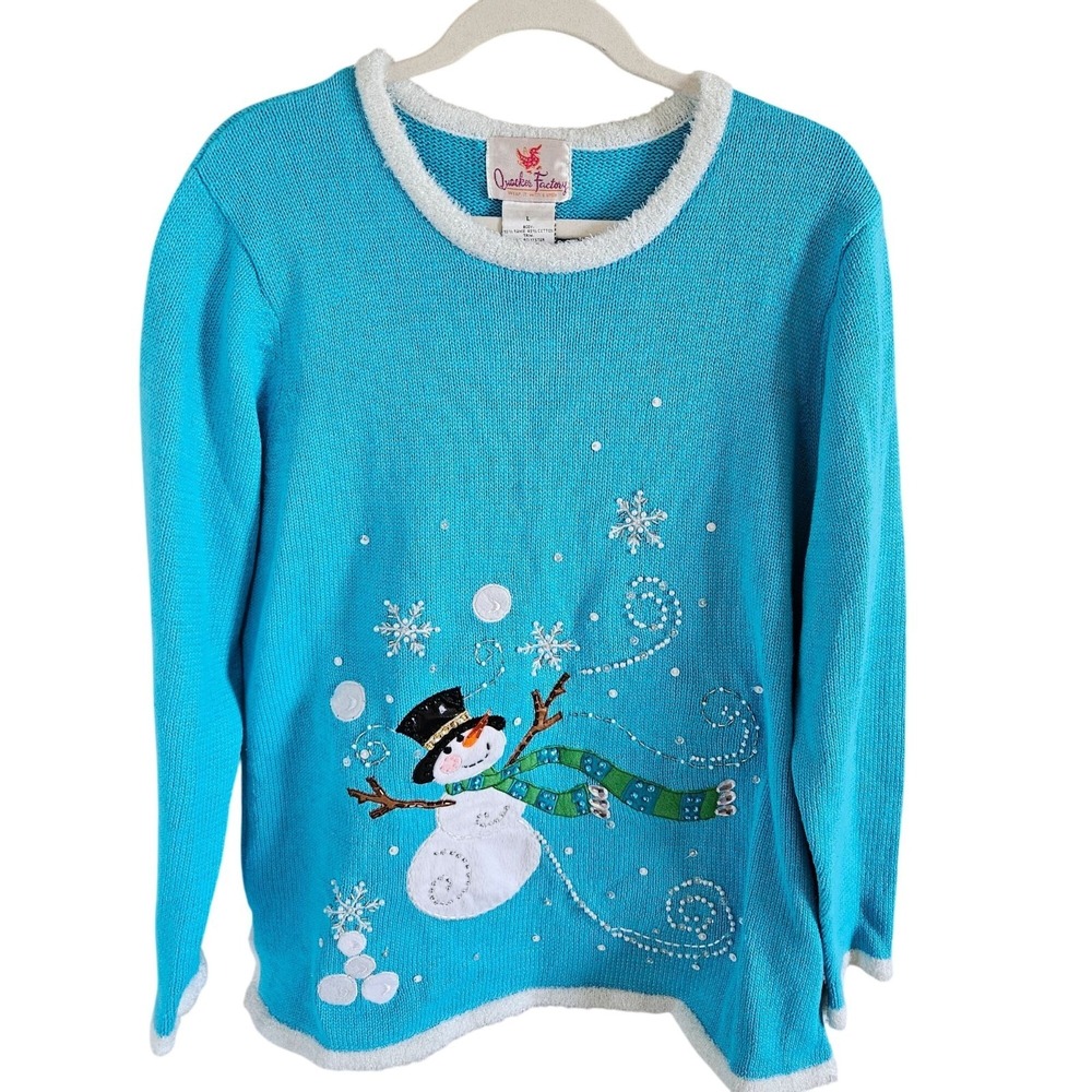 Quacker Factory Woman Size L Winter Snowman Sweater That Lights up Sparkles Fun